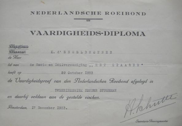 1933 vaardigheidsproef diploma K d'Engelbronner